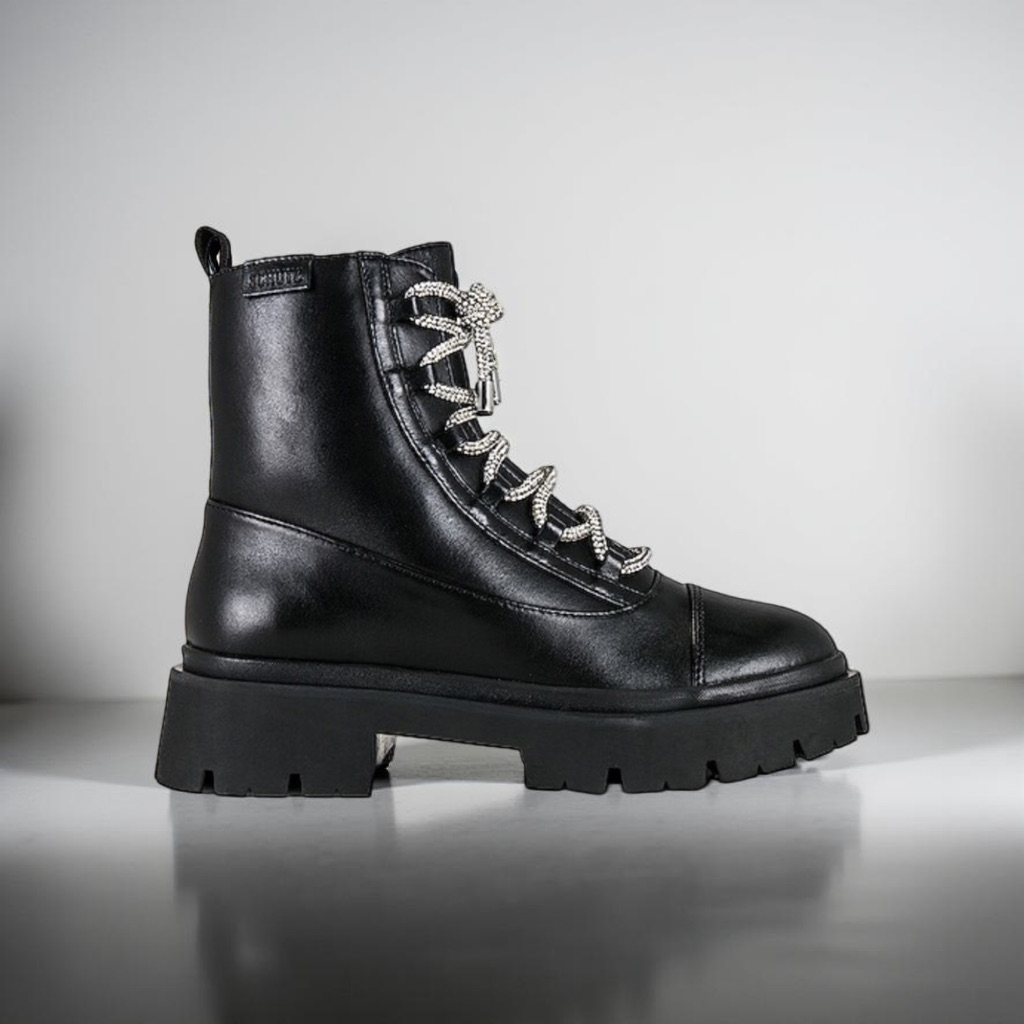 Schutz Black Leather Combat Moto Boots With Chain Lace Detail